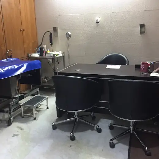 A consultation room with a dark wooden desk and two black swivel chairs on a marble floor, an examination couch under a blue cover beside a wooden cupboard, and a stainless steel instrument trolley against the textured cream wall.
